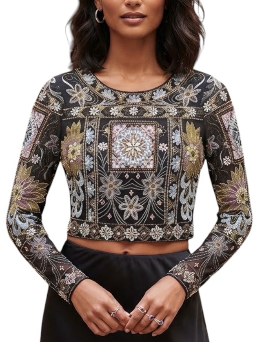 ZARA Beaded Embroidered Tapestry Mesh Long Sleeve Top S